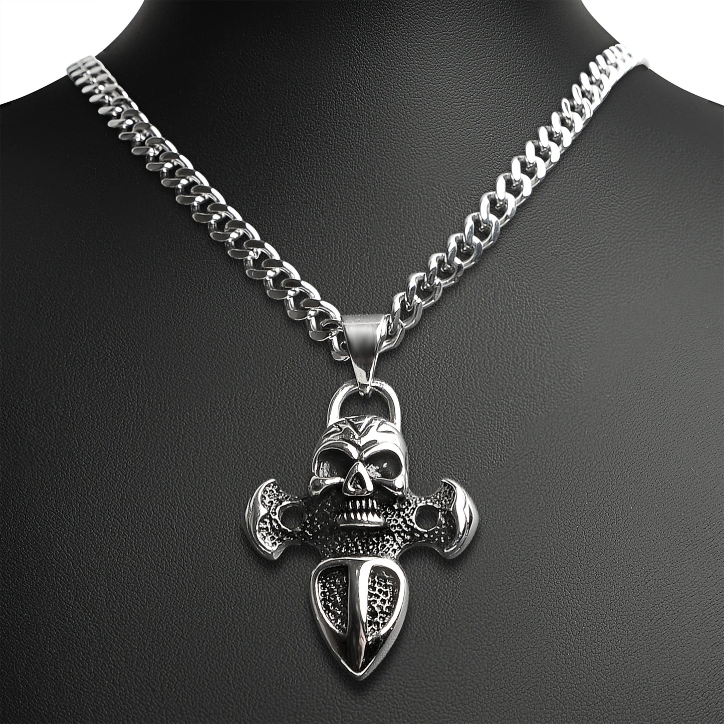 Stainless Steel Skull And Dagger Curb Chain Necklace