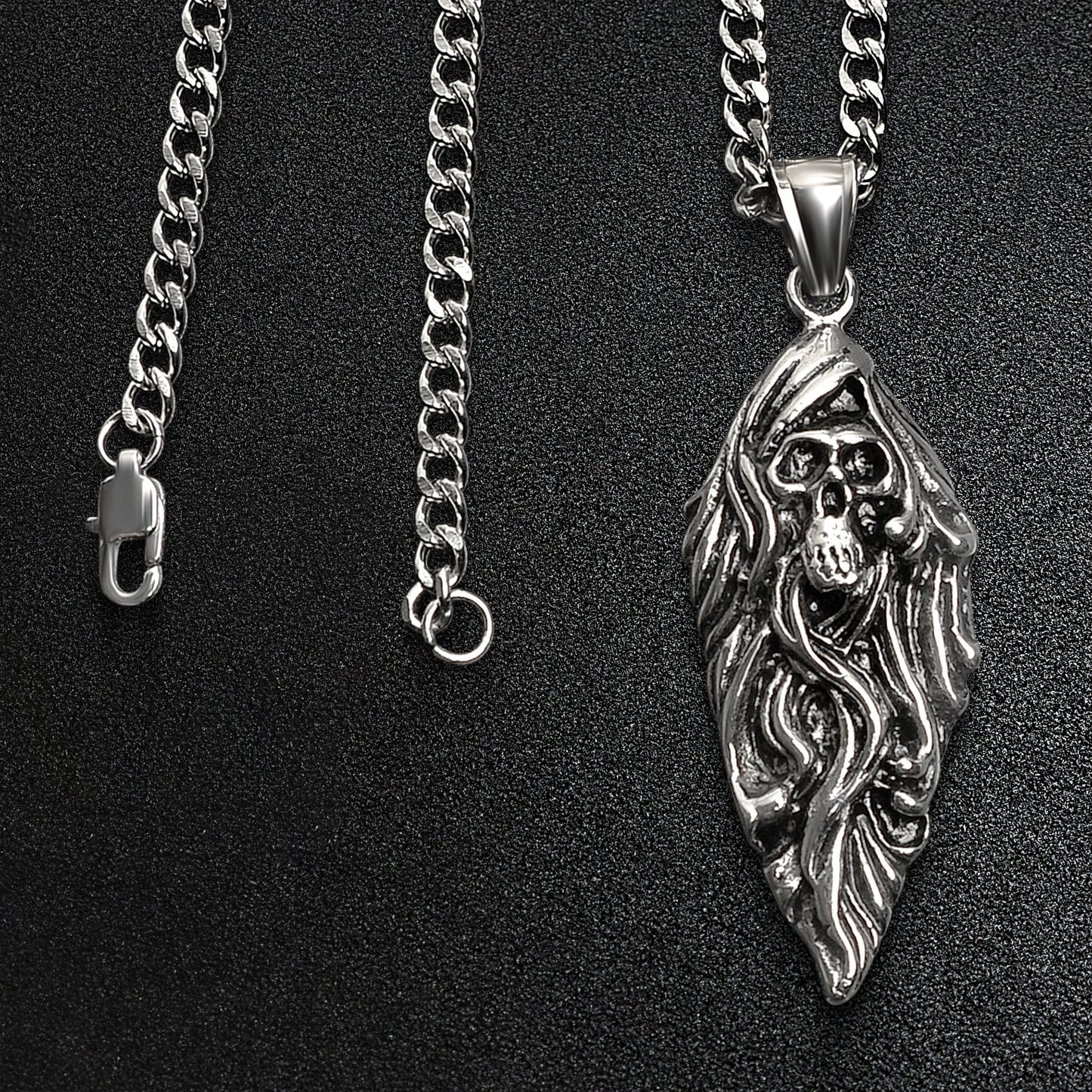 Stainless Steel Flaming Skull Arrowhead Curb Chain Necklace