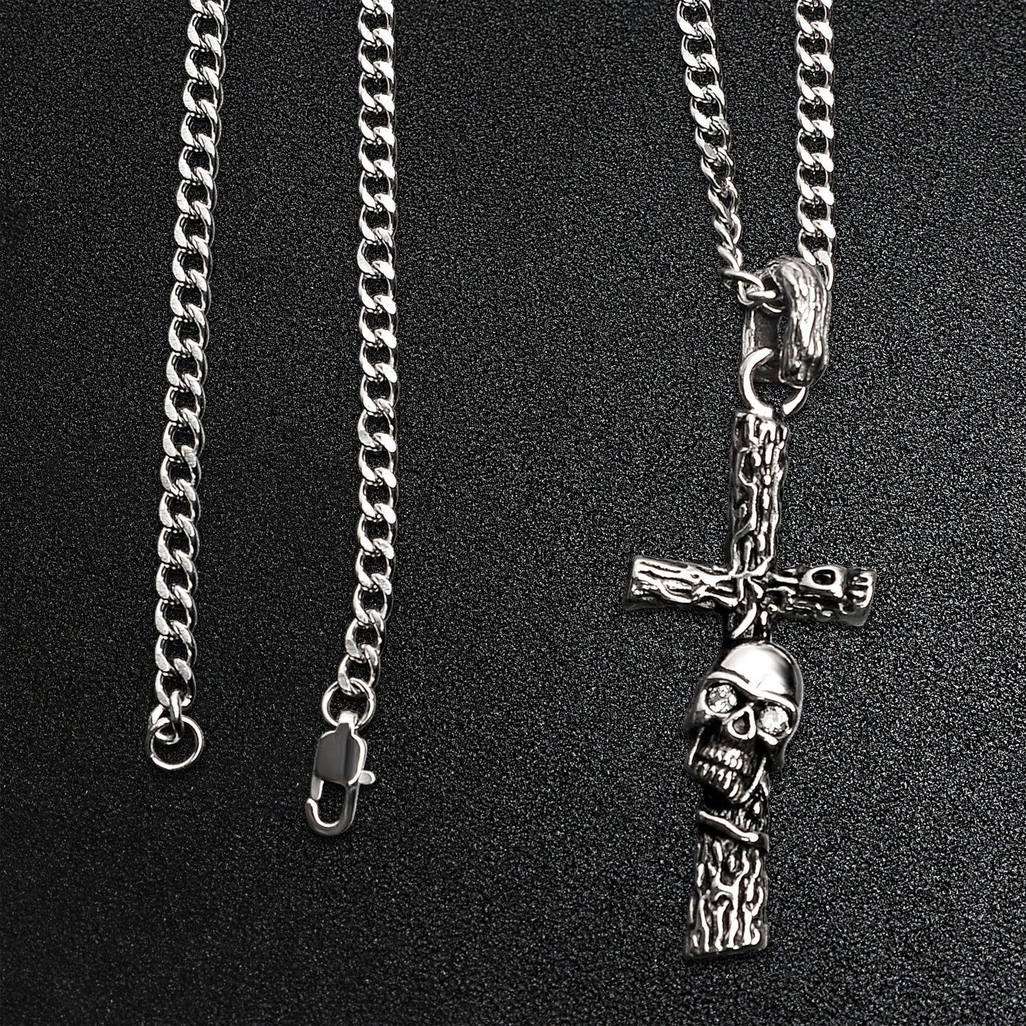 Stainless Steel Wood Texture Skull Cross Curb Chain Necklace
