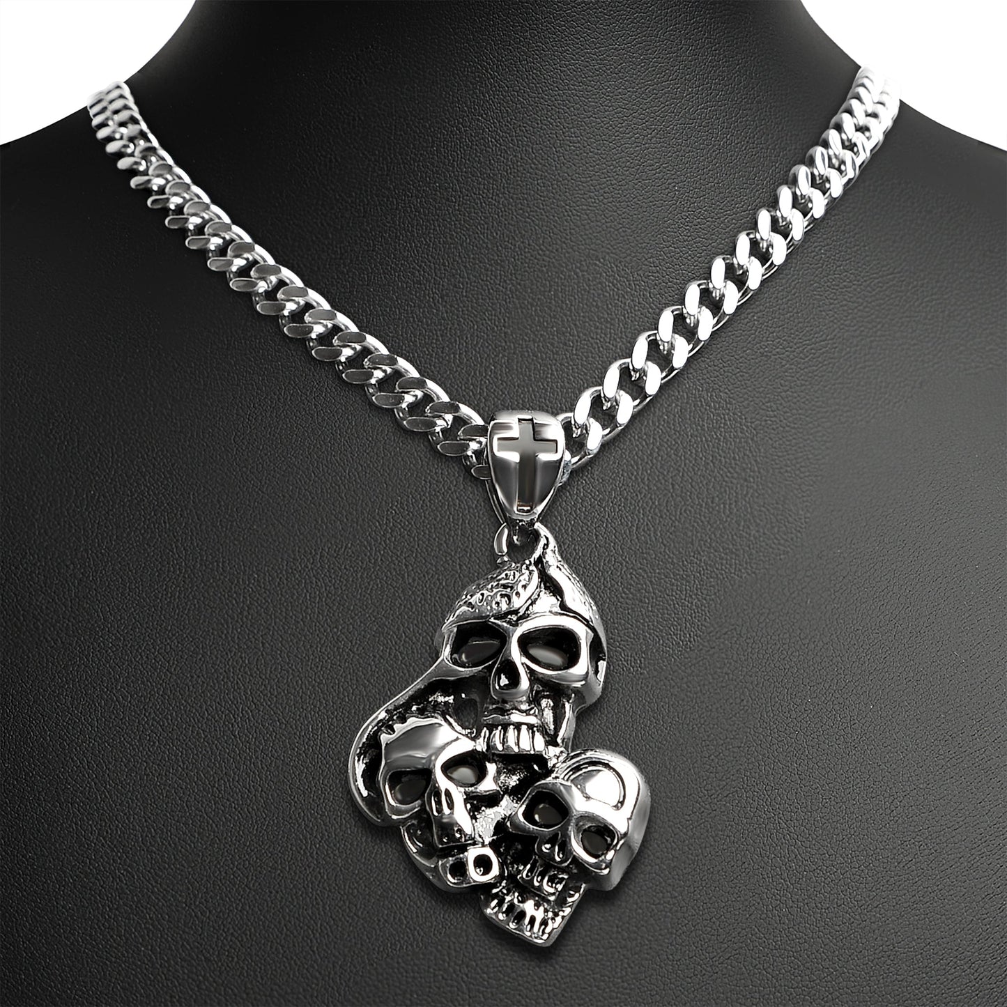 Stainless Steel Three Skulls With Black Cross Curb Chain Necklace