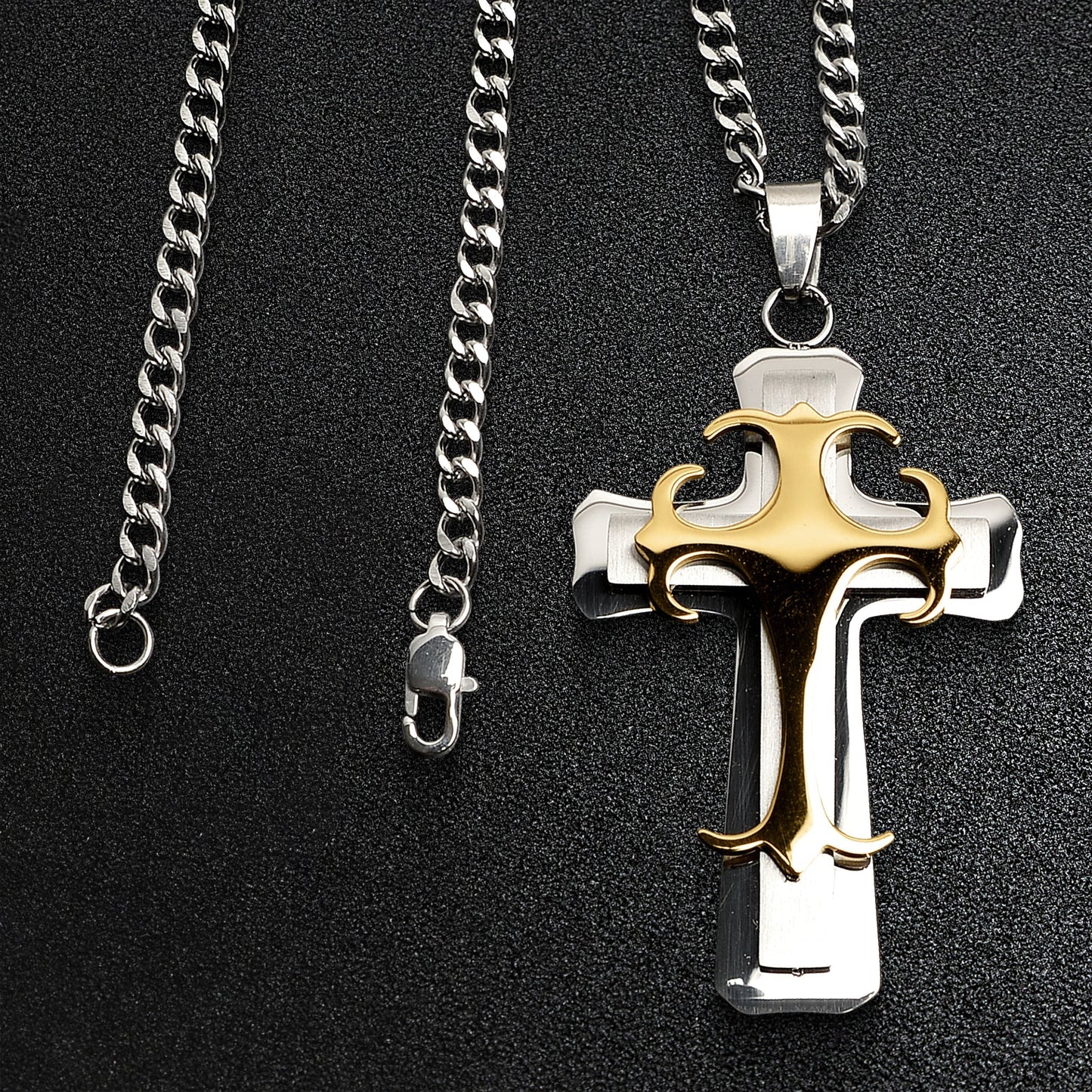 Stainless Steel & 18K Gold Plated 3 Layer Cross Curb Chain Necklace