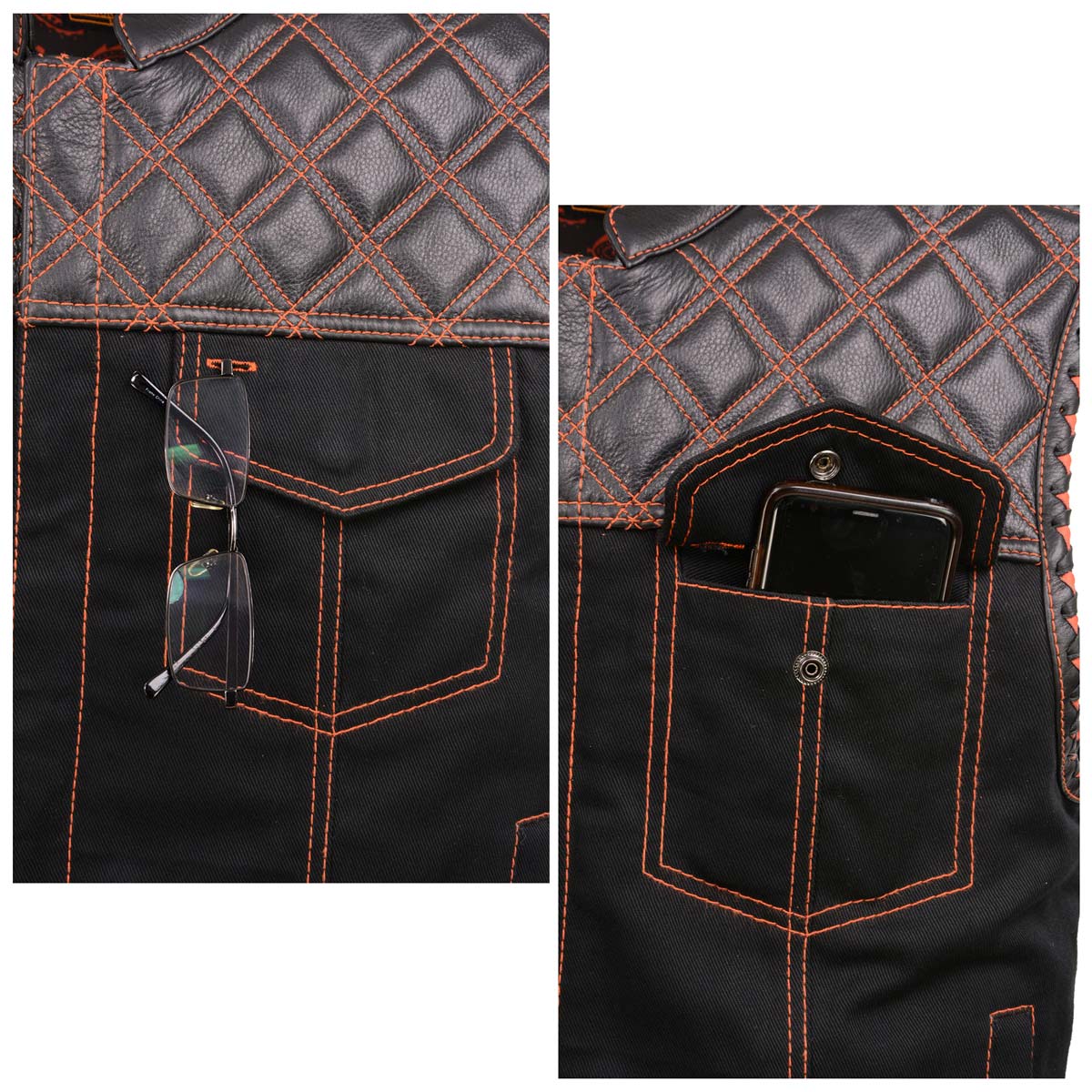 Milwaukee Leather MDM3037 Men's 'Wrecker' Black Denim and Leather Club Style Vest w/ Diamond Quilt Design