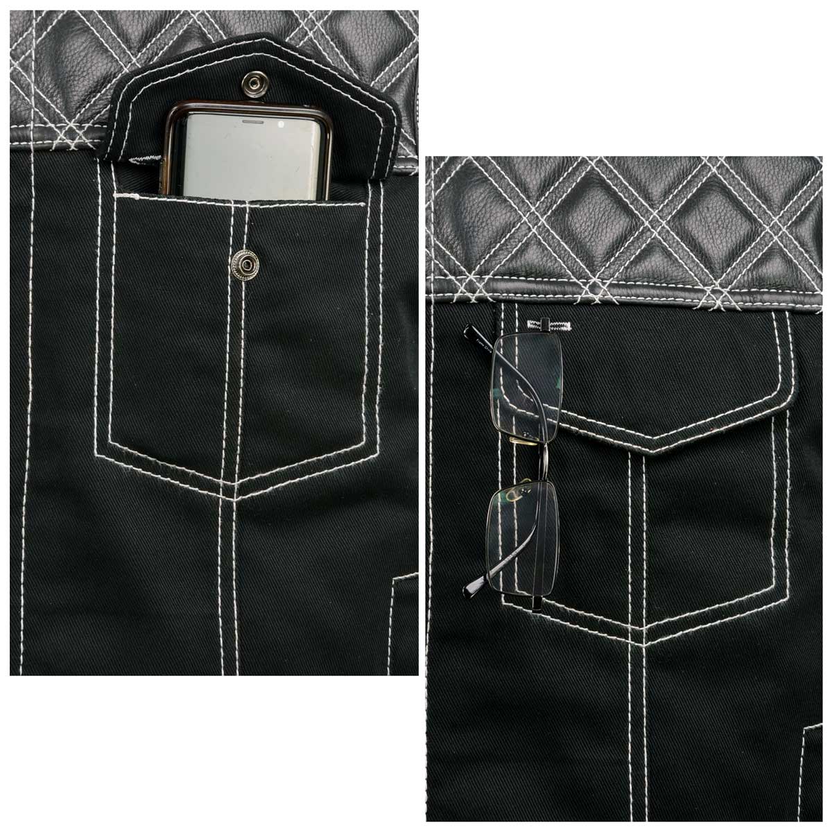 Milwaukee Leather MDM3035 Men's 'Wrecker' Black Denim and Leather Club Style Vest w/ Diamond Quilt Design