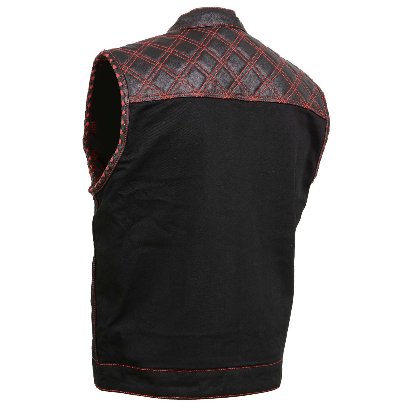 Milwaukee Leather MDM3036 Men's 'Wrecker' Black Denim and Leather Club Style Vest w/ Diamond Quilt Design