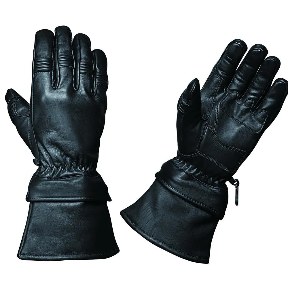 Pair of black leather gauntlet motorcycle riding gloves on a white background