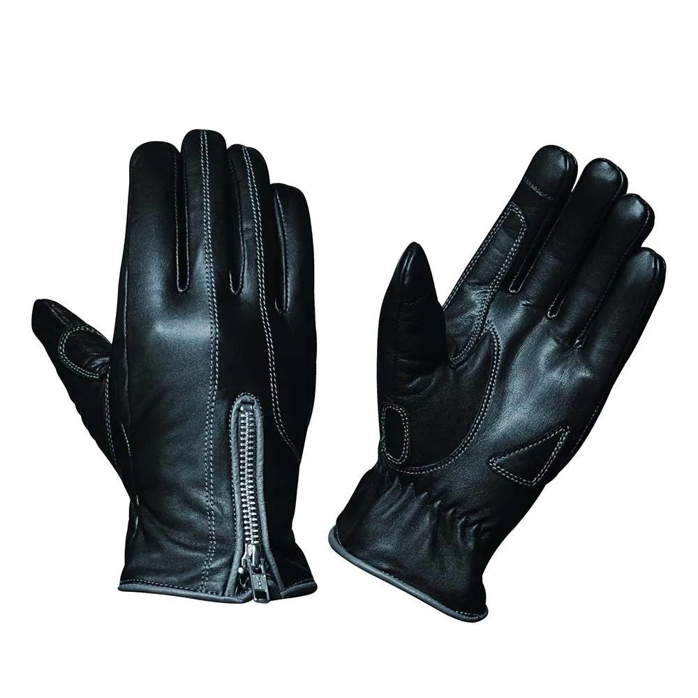 Pair of women's black leather motorcycle riding gloves with a zipper on a white background