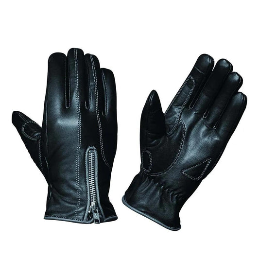 Pair of women's black leather motorcycle riding gloves with a zipper on a white background