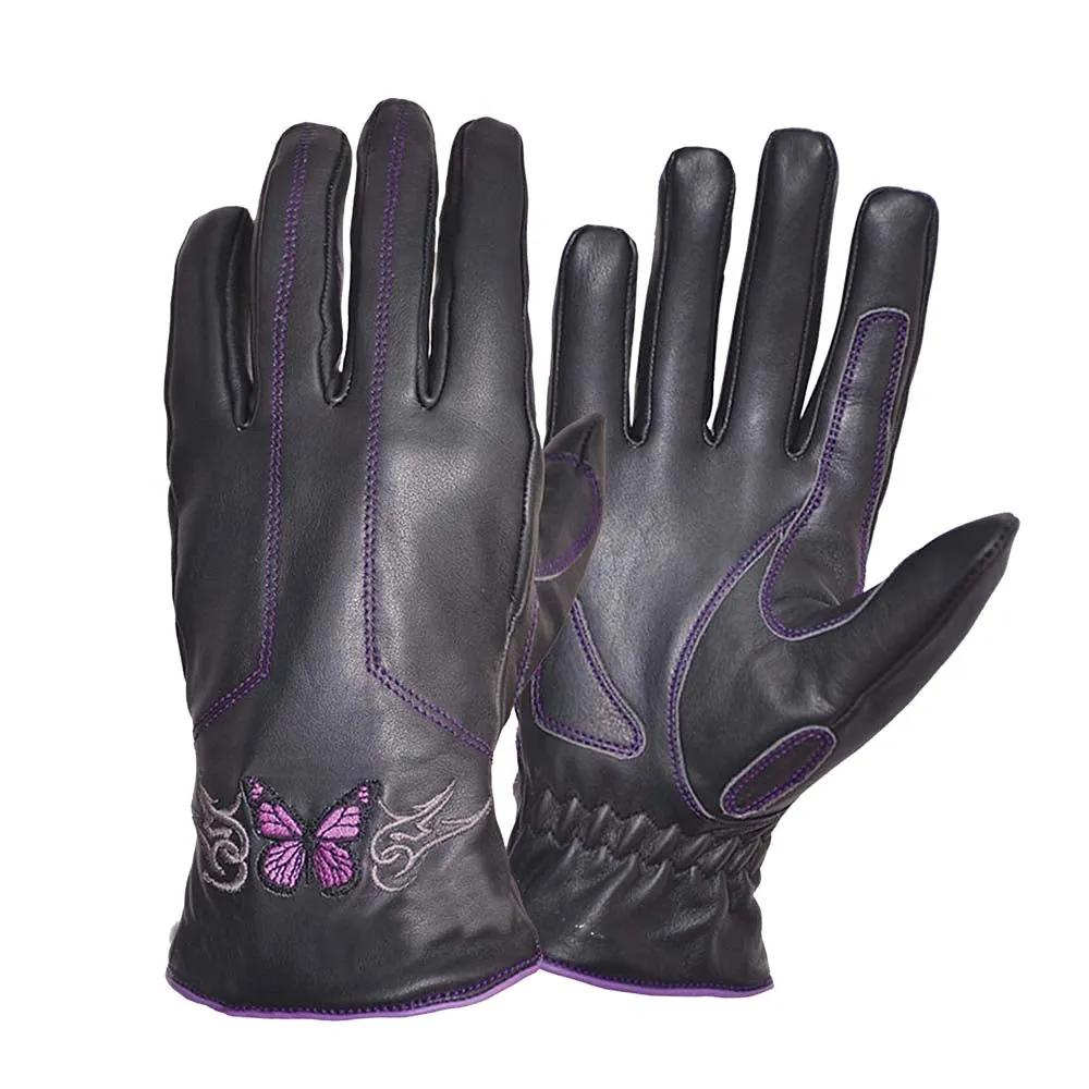 Ladies Full Finger Gloves with Purple Butterfly Design