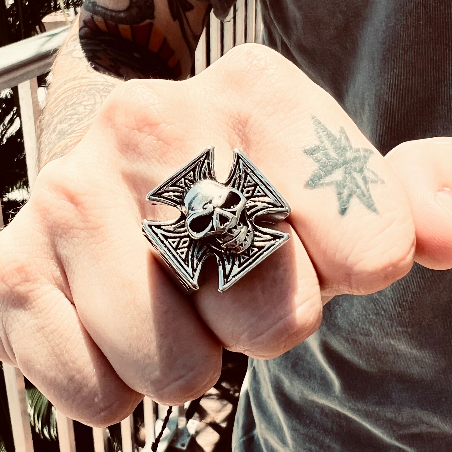 Stainless Steel Polished Skull Maltese Cross Ring