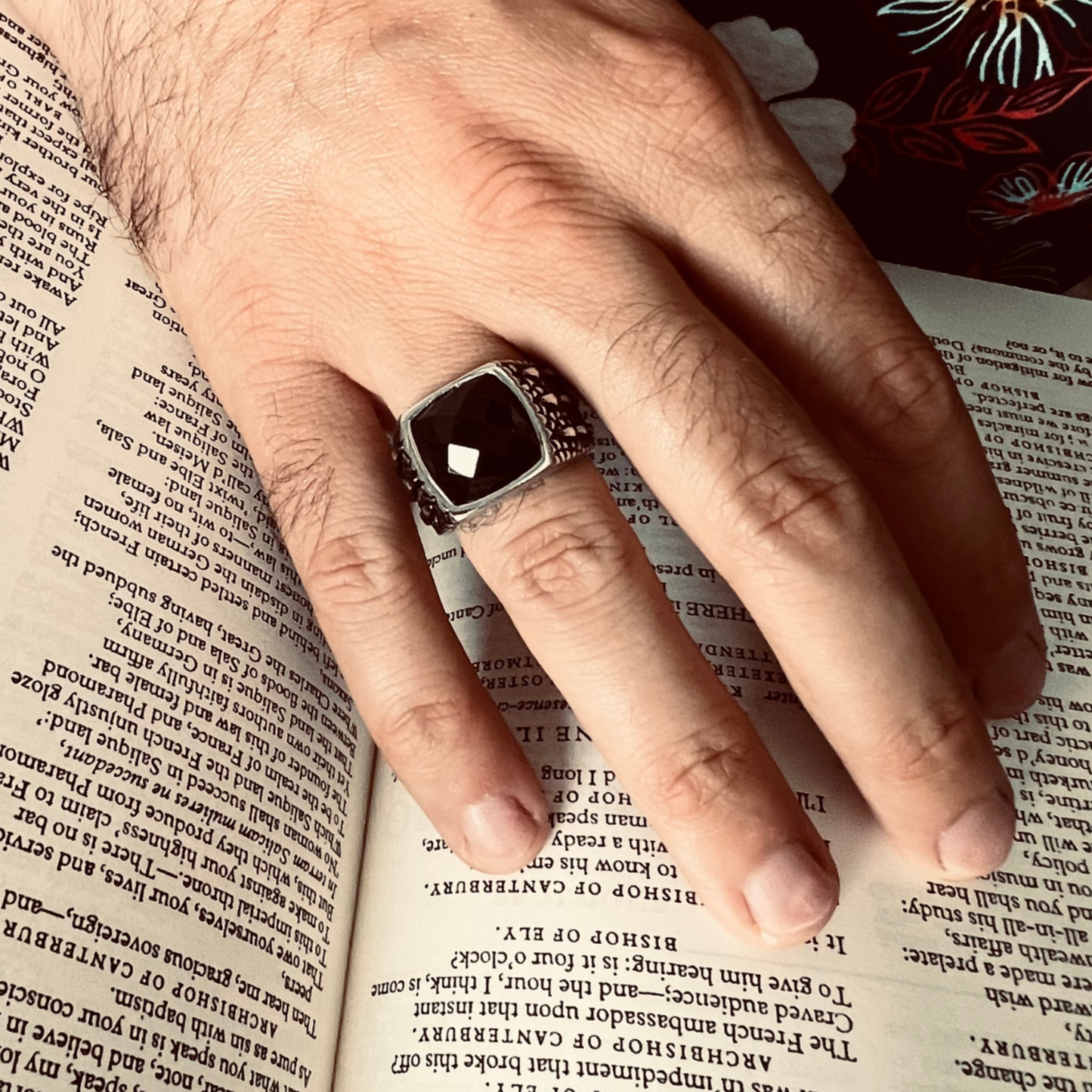 Detailed Cubed Center Black Stone Stainless Steel Ring