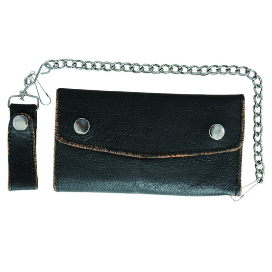 Black Trifold Long Chain Biker Leather Wallet