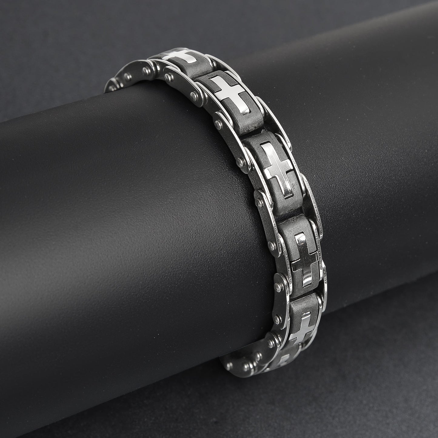 Stainless Steel And Gold Cross Bike Chain Bracelet