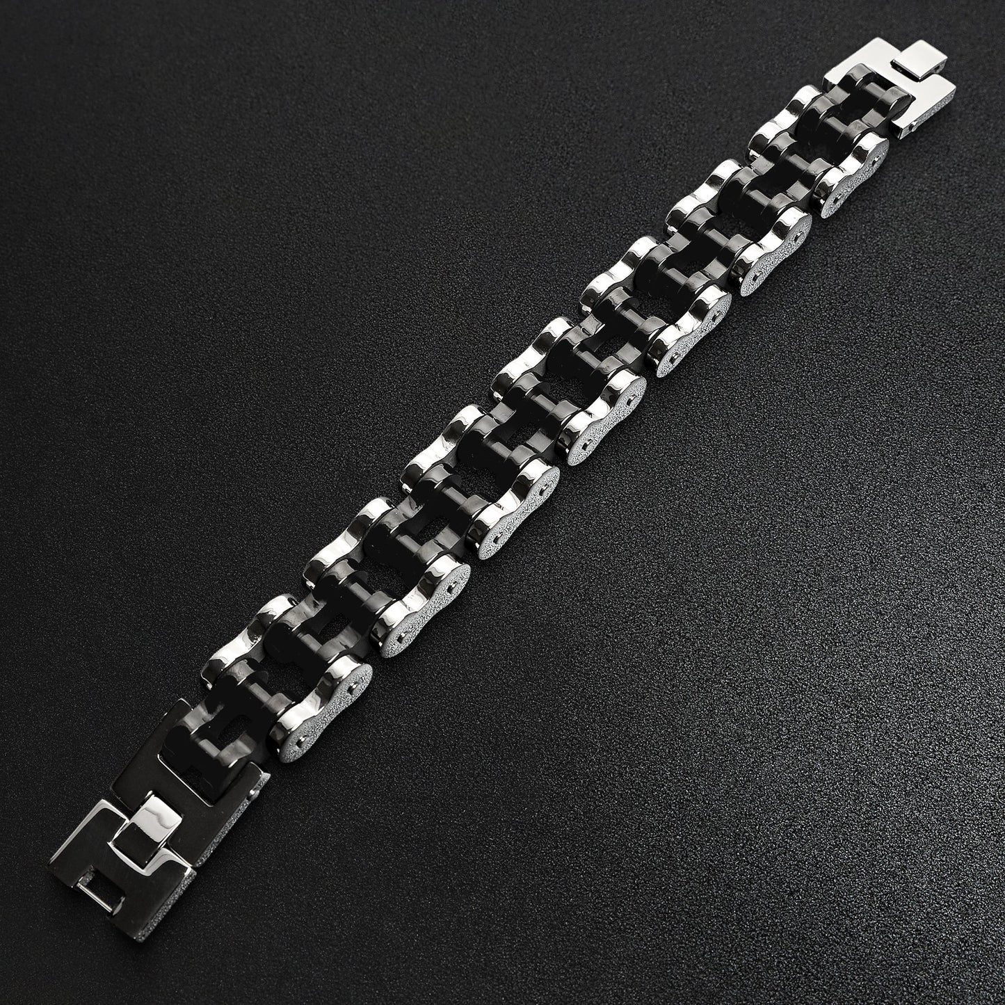 Stainless Steel and Black Large Bike Chain Bracelet