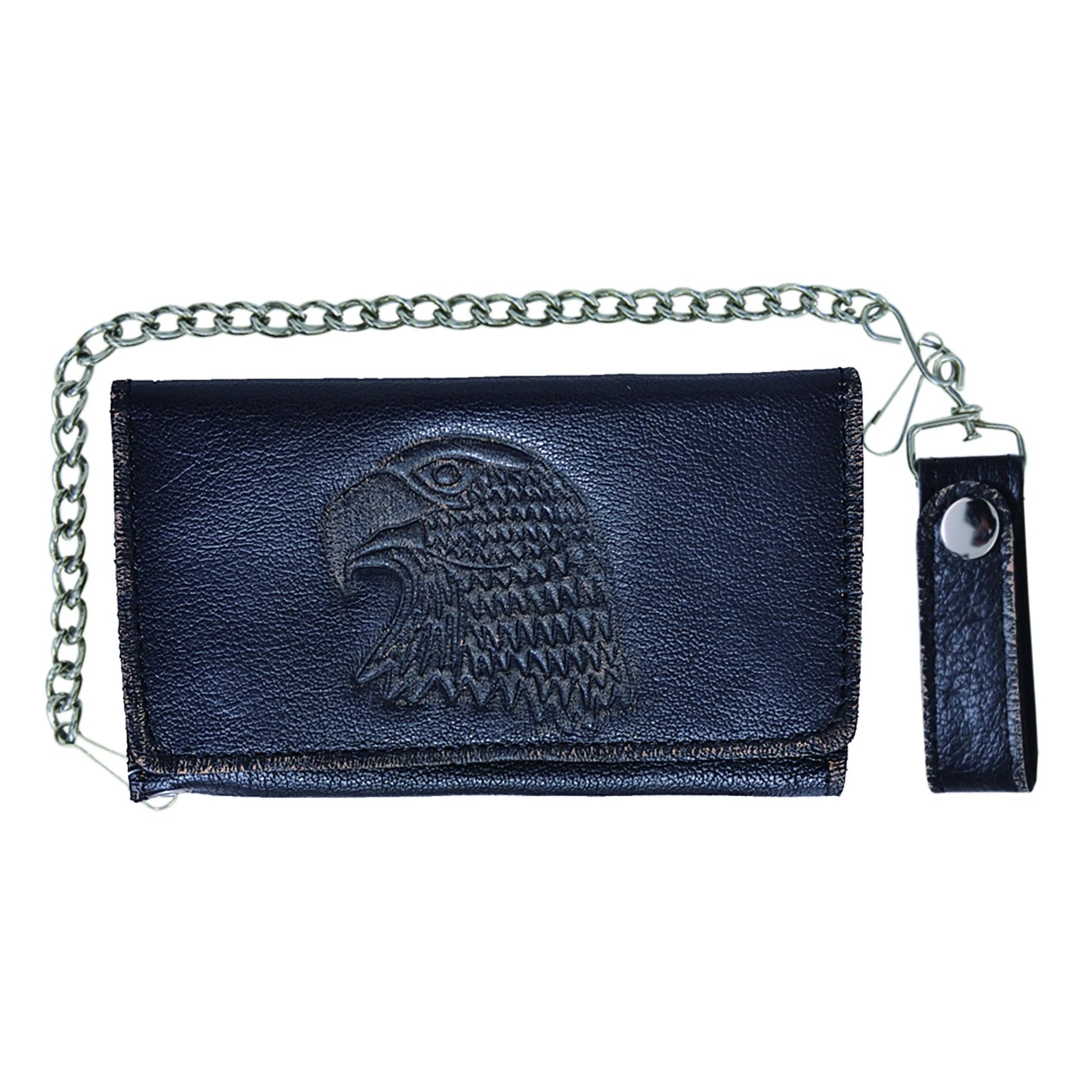 Dark vintage brown leather wallet with chain and embossed eagle design on a white background