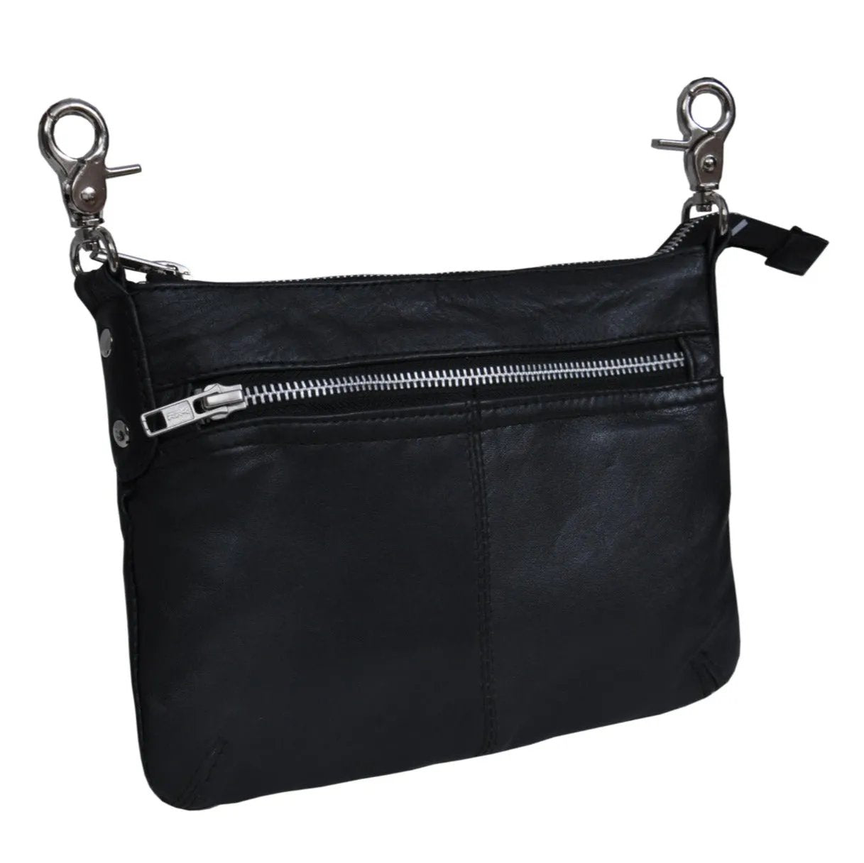 Black leather bag with silver zippers and clasp on a white background