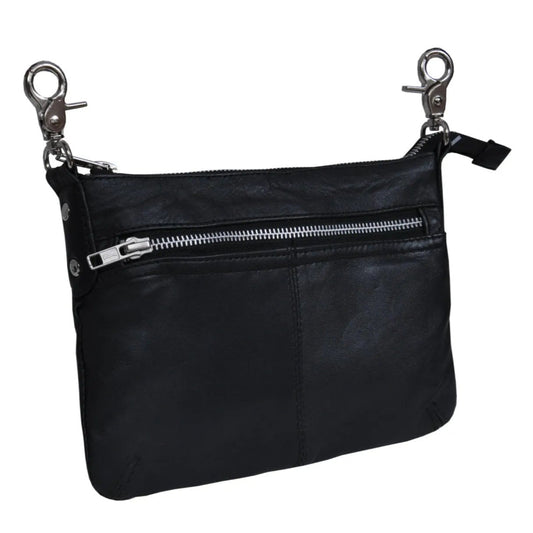 Black leather bag with silver zippers and clasp on a white background