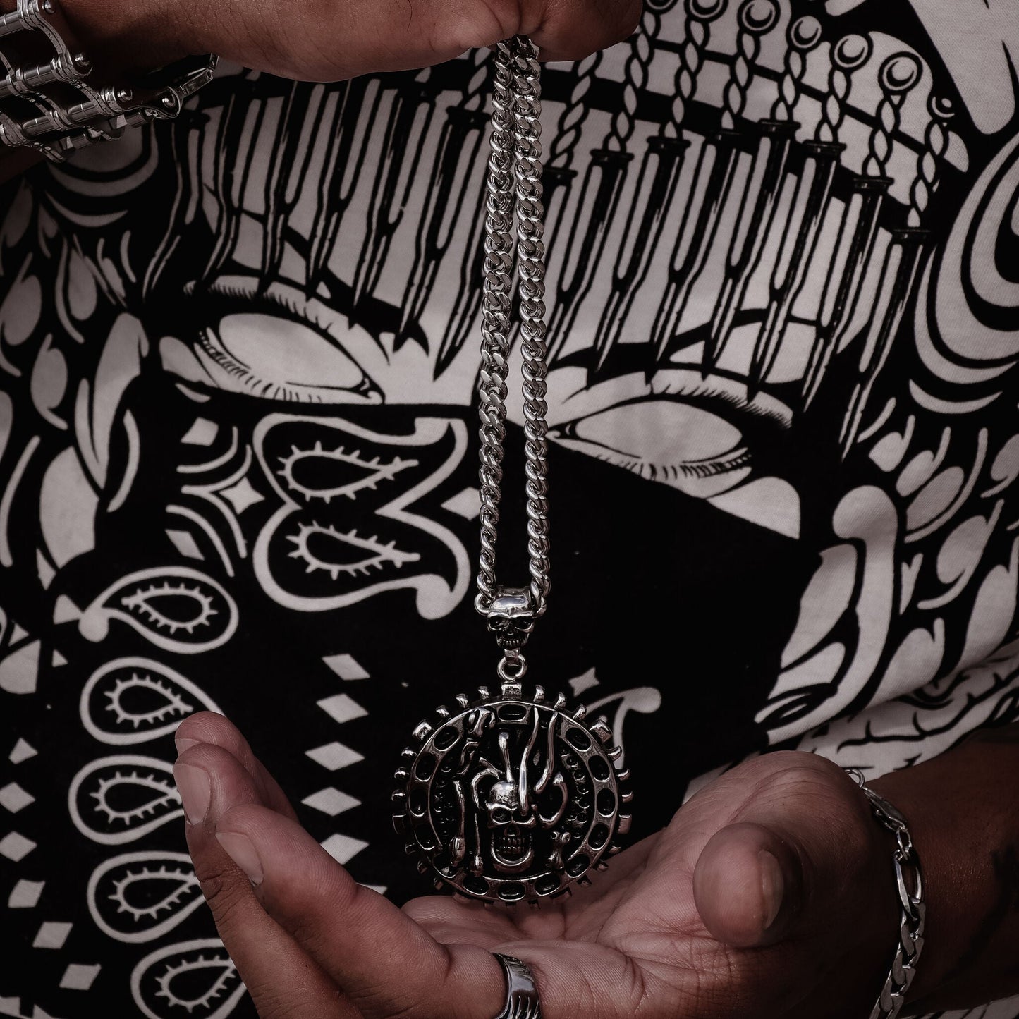 Stainless Steel Large Skull & Snakes Spike Shield Curb Chain Necklace