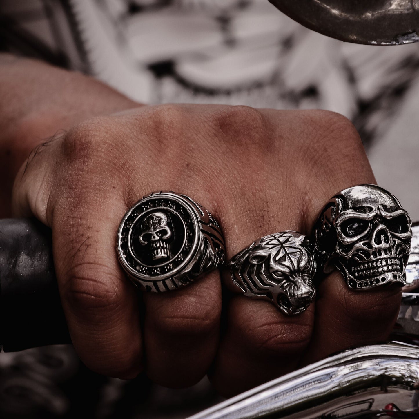 Stainless Steel Skull With Skeleton Accents Ring