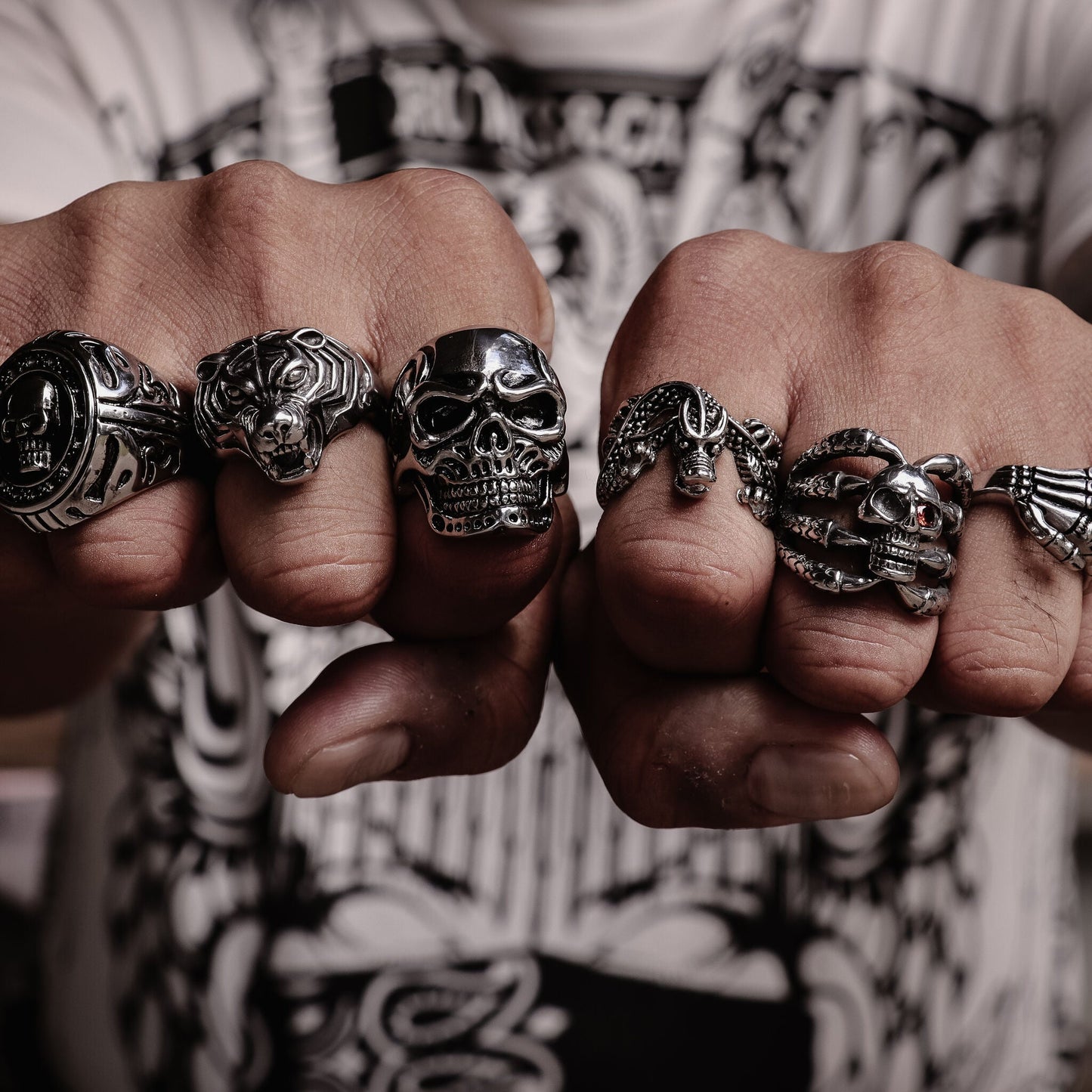 Stainless Steel Dragon Claws Holding Red CZ Eyed Skull Ring