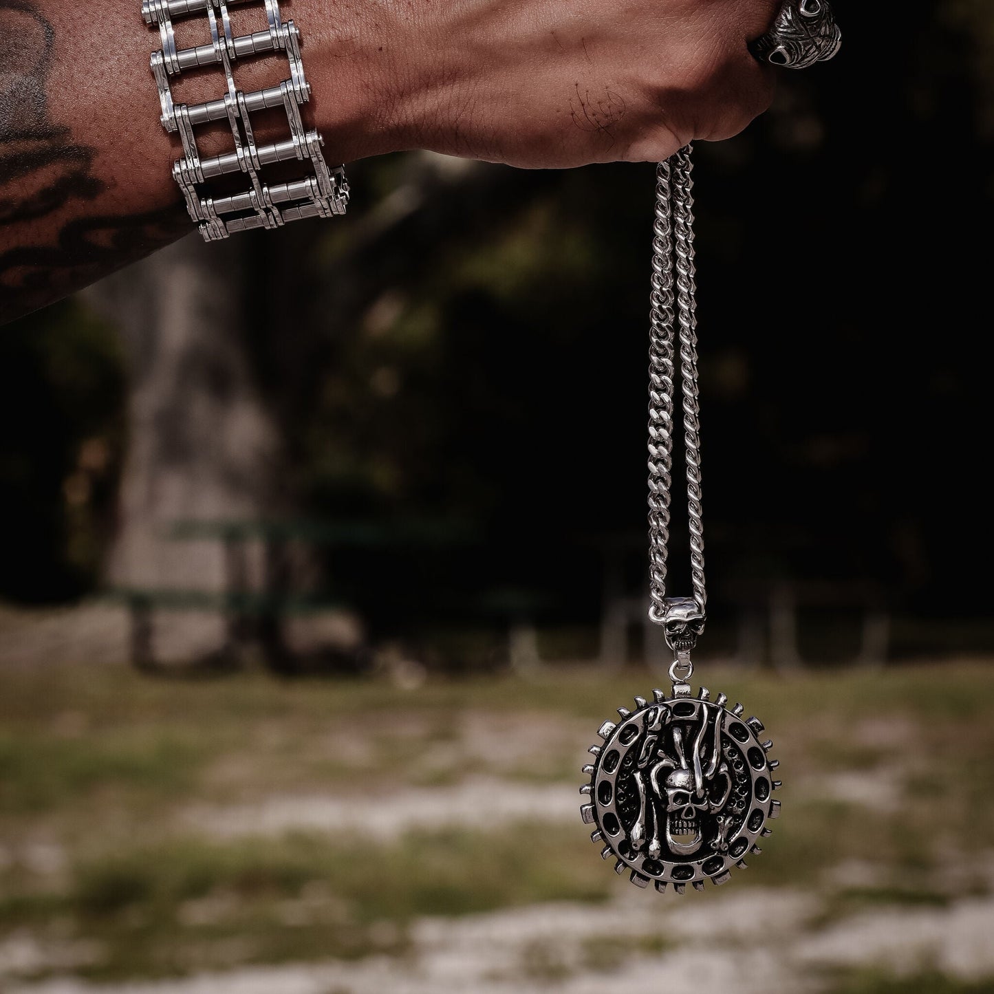 Stainless Steel Large Skull & Snakes Spike Shield Curb Chain Necklace