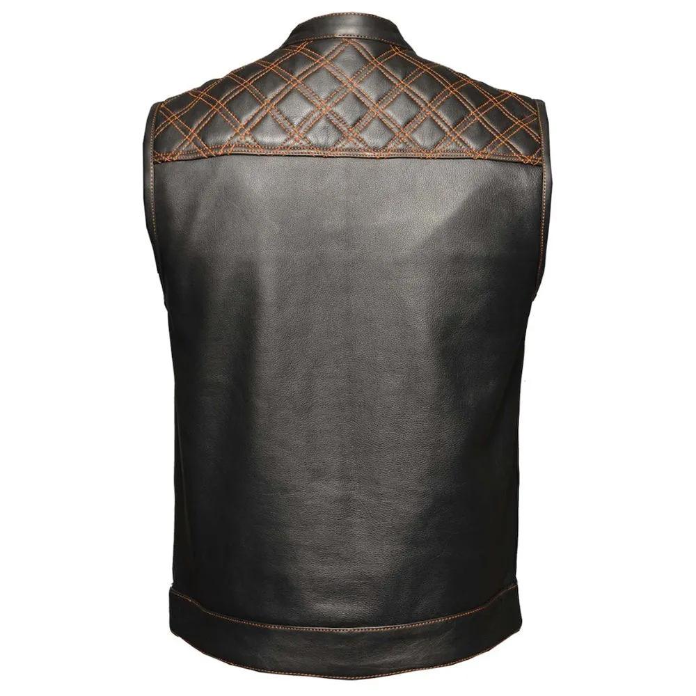 Orange Diamond - Mens Premium Leather Diamond Stitch Club Vest