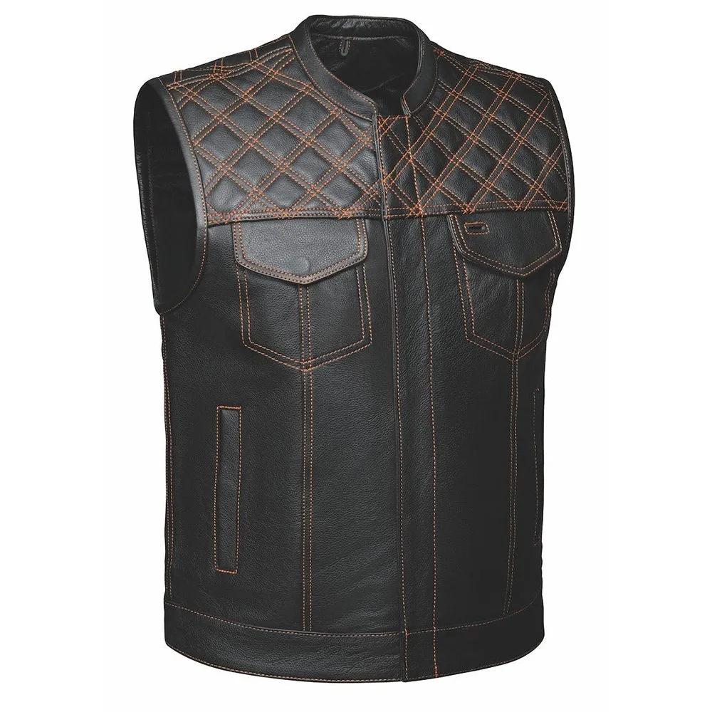 Orange Diamond - Mens Premium Leather Diamond Stitch Club Vest