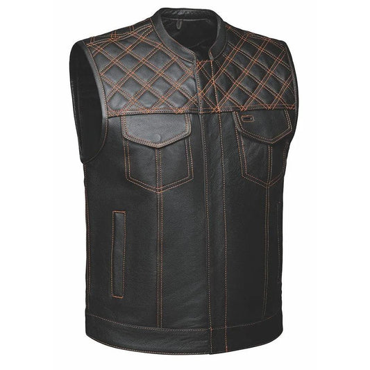Orange Diamond - Mens Premium Leather Diamond Stitch Club Vest