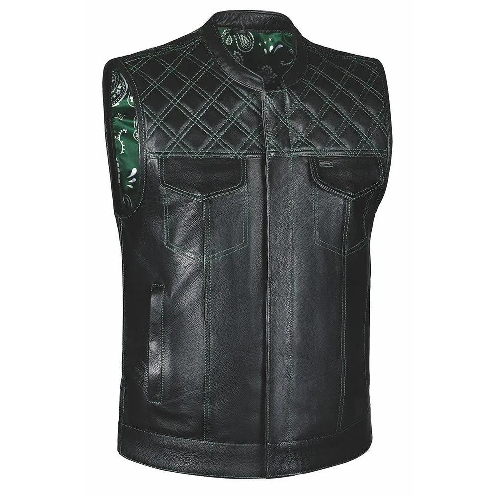 Green Diamond - Unik Mens Premium Leather Diamond Stitch Club Vest