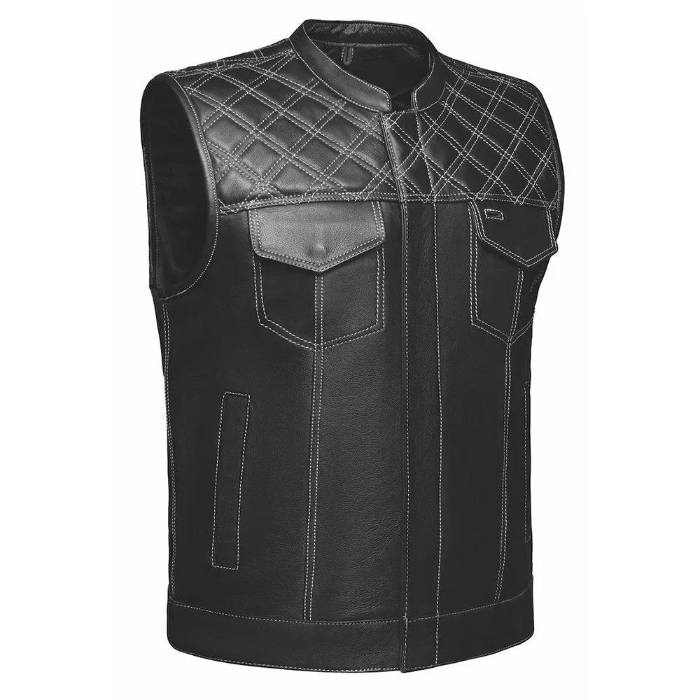 White Diamond - Mens Premium Leather Diamond Stitch Club Vest