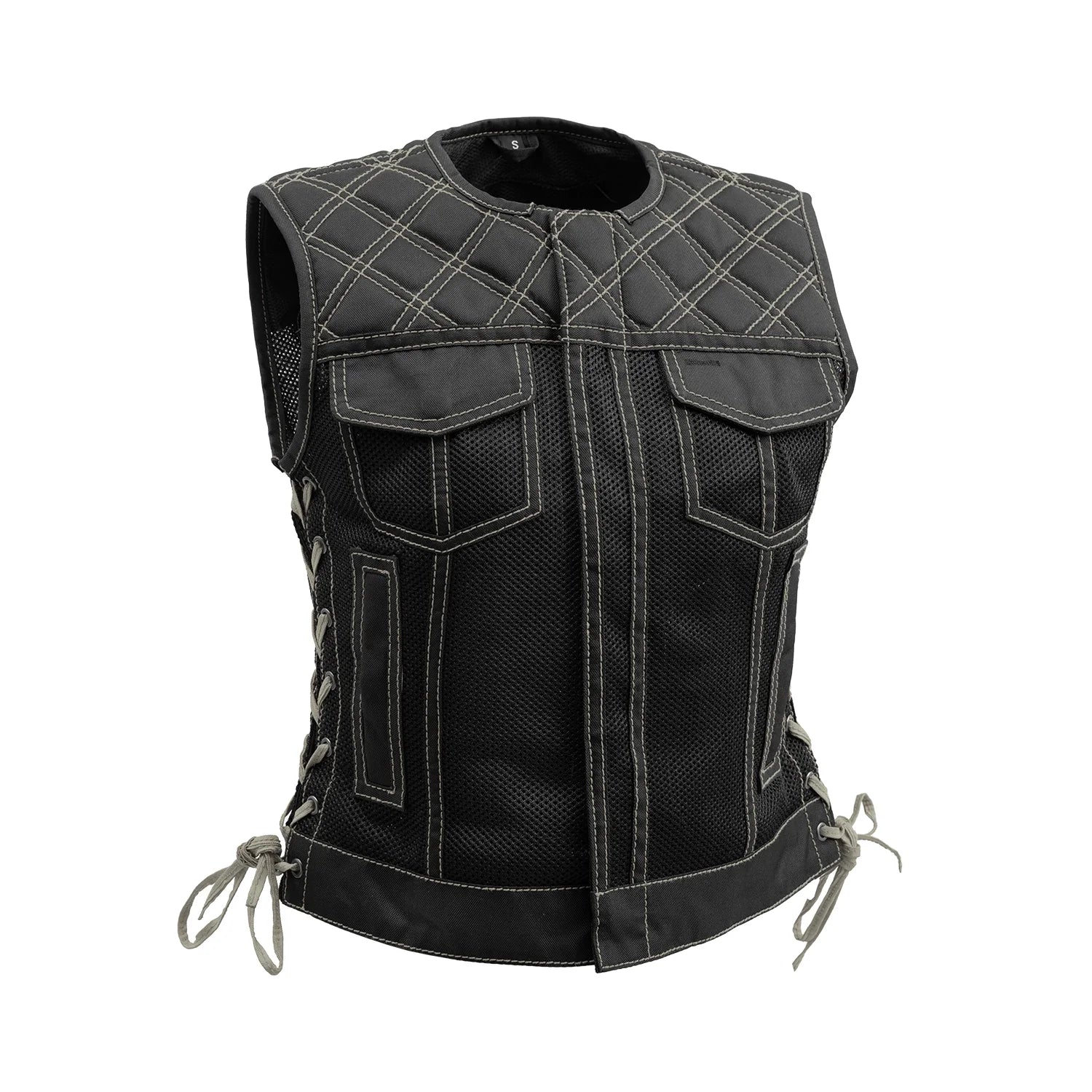 Bonnie Moto Mesh Women's Motorcycle Vest - Diamond Quilt Women's Leather Vest First Manufacturing Company Grey XS 