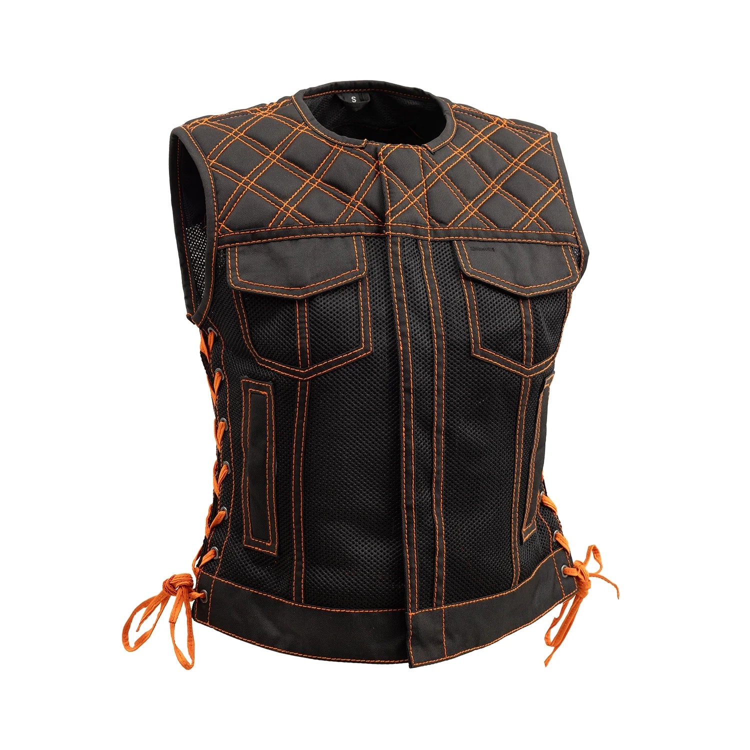 Bonnie Moto Mesh Women's Motorcycle Vest - Diamond Quilt Women's Leather Vest First Manufacturing Company Orange XS 