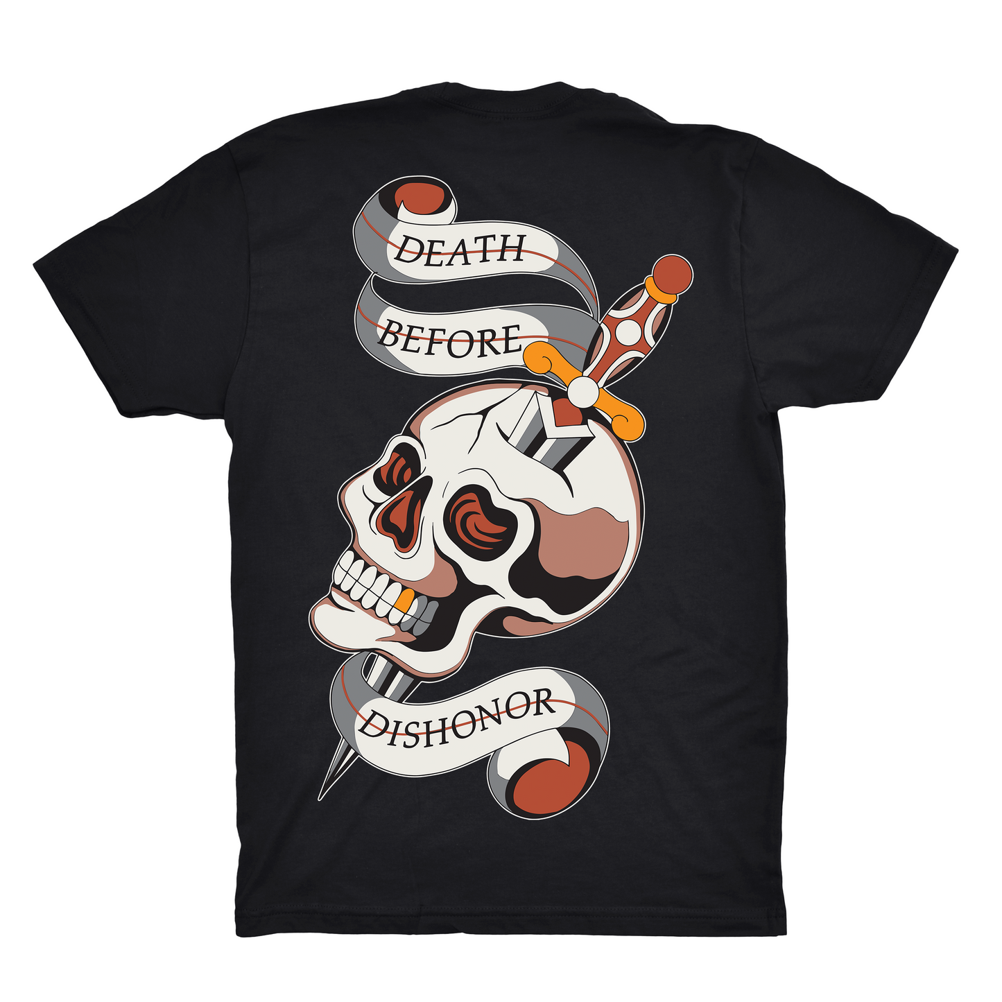 Black t-shirt with a skull and sword design and 'Death Before Dishonor' text on a white background