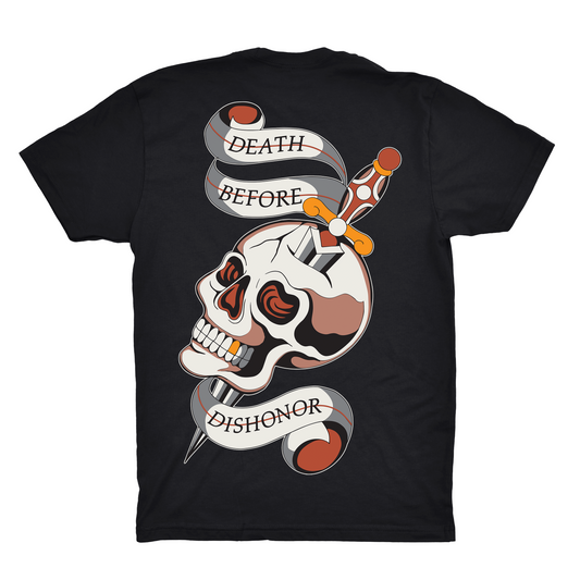 Black t-shirt with a skull and sword design and 'Death Before Dishonor' text on a white background
