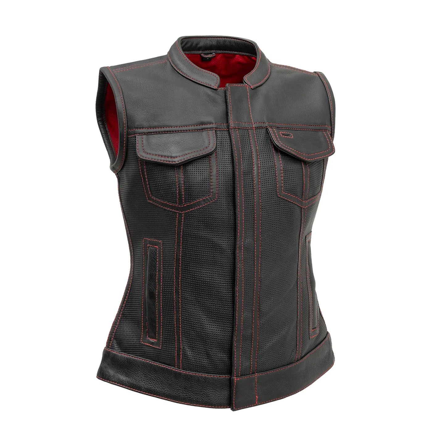 Jessica Perforated Women's Motorcycle Leather Vest Women's Vest First Manufacturing Company Black Red XS 