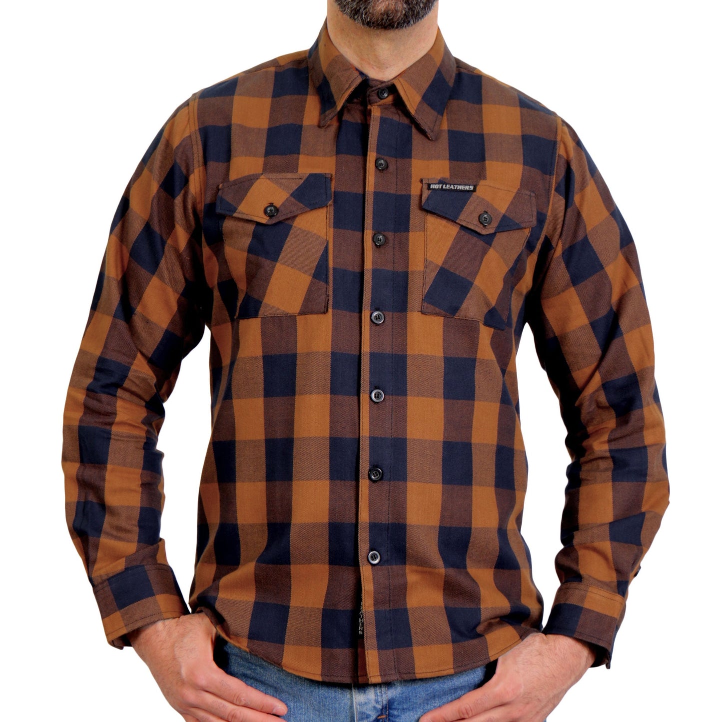 Hot Leathers Men's 'Long Haul' Navy/Brown Cotton Flannel Shirt - Button Front - Riding/Casual/ Work Wear - FLM2016