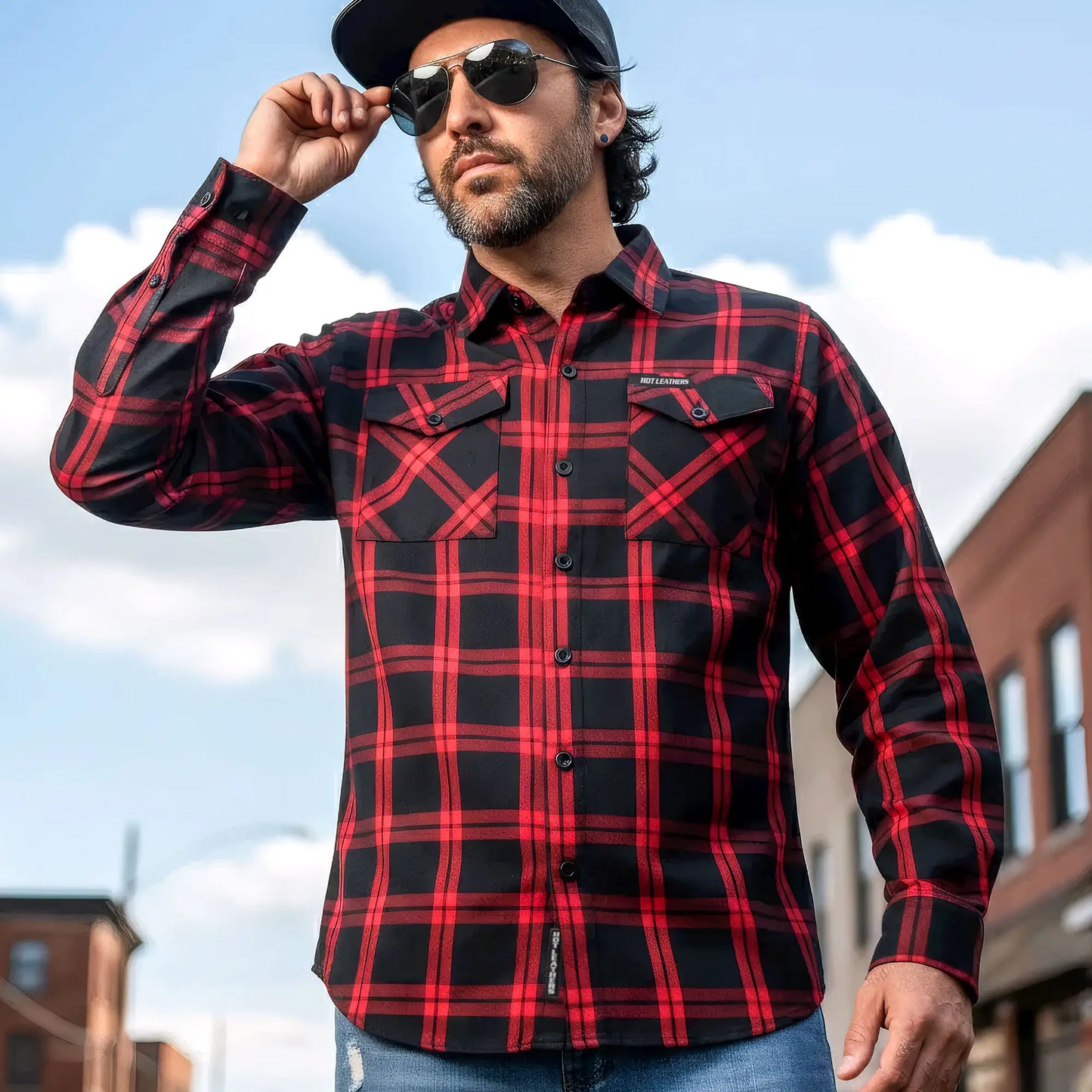 Hot Leathers Men's 'Rebel Static' Red/Black Cotton Flannel Shirt - Button Front - Riding/Casual/ Work Wear - FLM2021