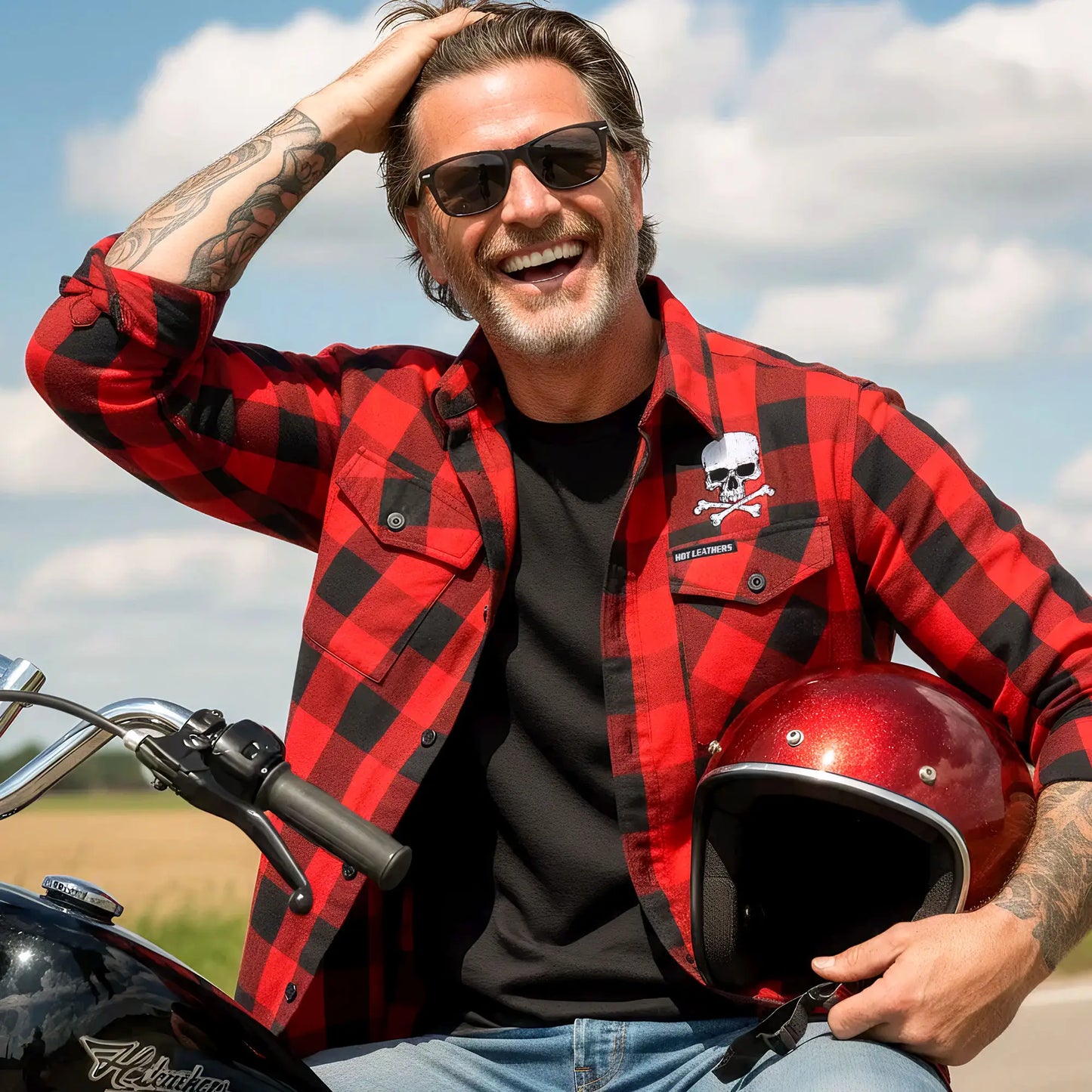 Hot Leathers Men's 'Skull & Bones' Black/Red Cotton Flannel Shirt - Button Front - Riding/Casual/ Work Wear - FLM2103