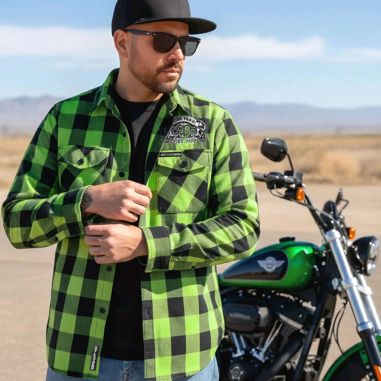 Hot Leathers Men's 'Brass Knuckles' Black/Green Cotton Flannel Shirt - Button Front - Riding/Casual/ Work Wear - FLM2106