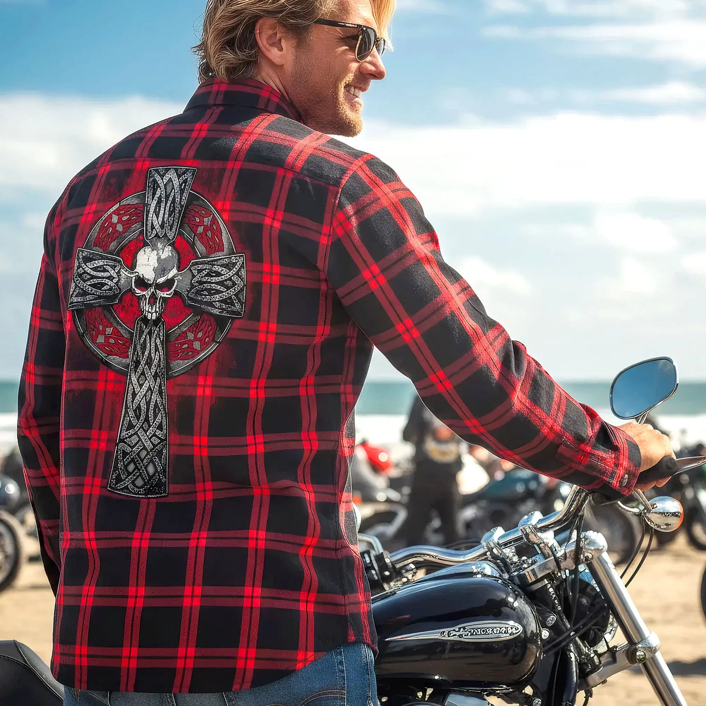 Hot Leathers Men's 'Celtic Cross' Red/Black Cotton Flannel Shirt - Button Front - Riding/Casual/ Work Wear - FLM2112