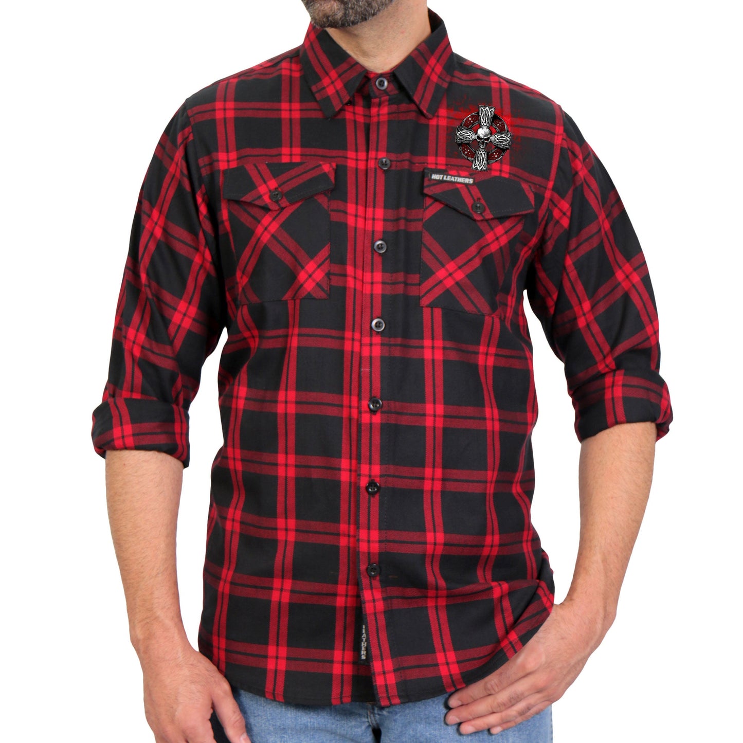 Hot Leathers Men's 'Celtic Cross' Red/Black Cotton Flannel Shirt - Button Front - Riding/Casual/ Work Wear - FLM2112