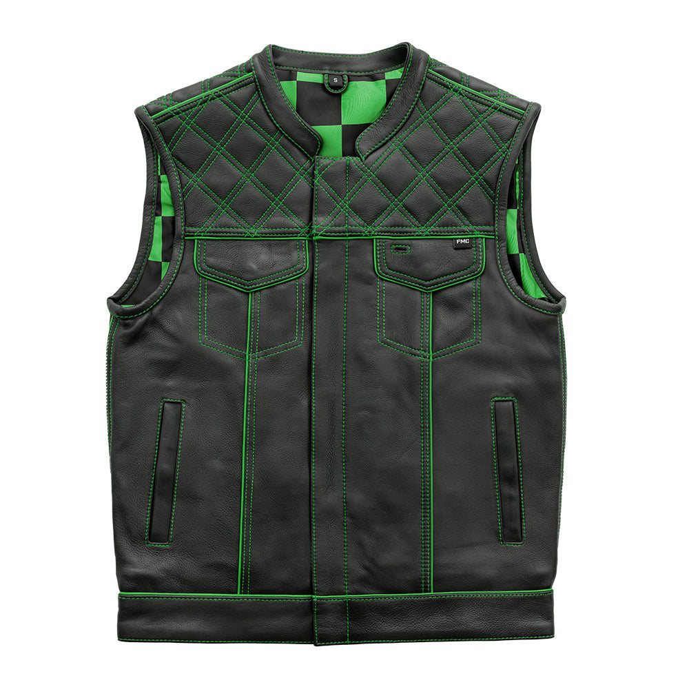 Finish Line - Green Checker - Men's Motorcycle Leather Vest Men's Leather Vest First Manufacturing Company S Black Green 