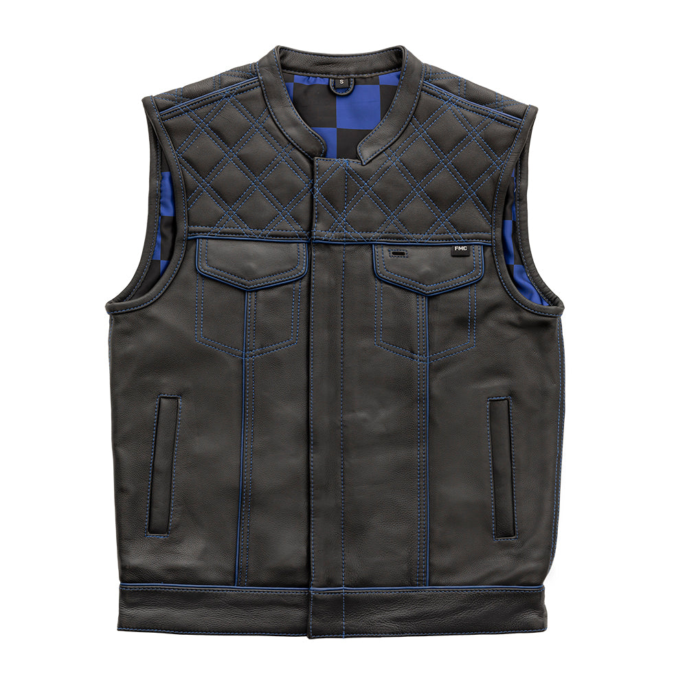 Finish Line - Blue Checker - Men's Motorcycle Leather Vest Men's Leather Vest First Manufacturing Company S  