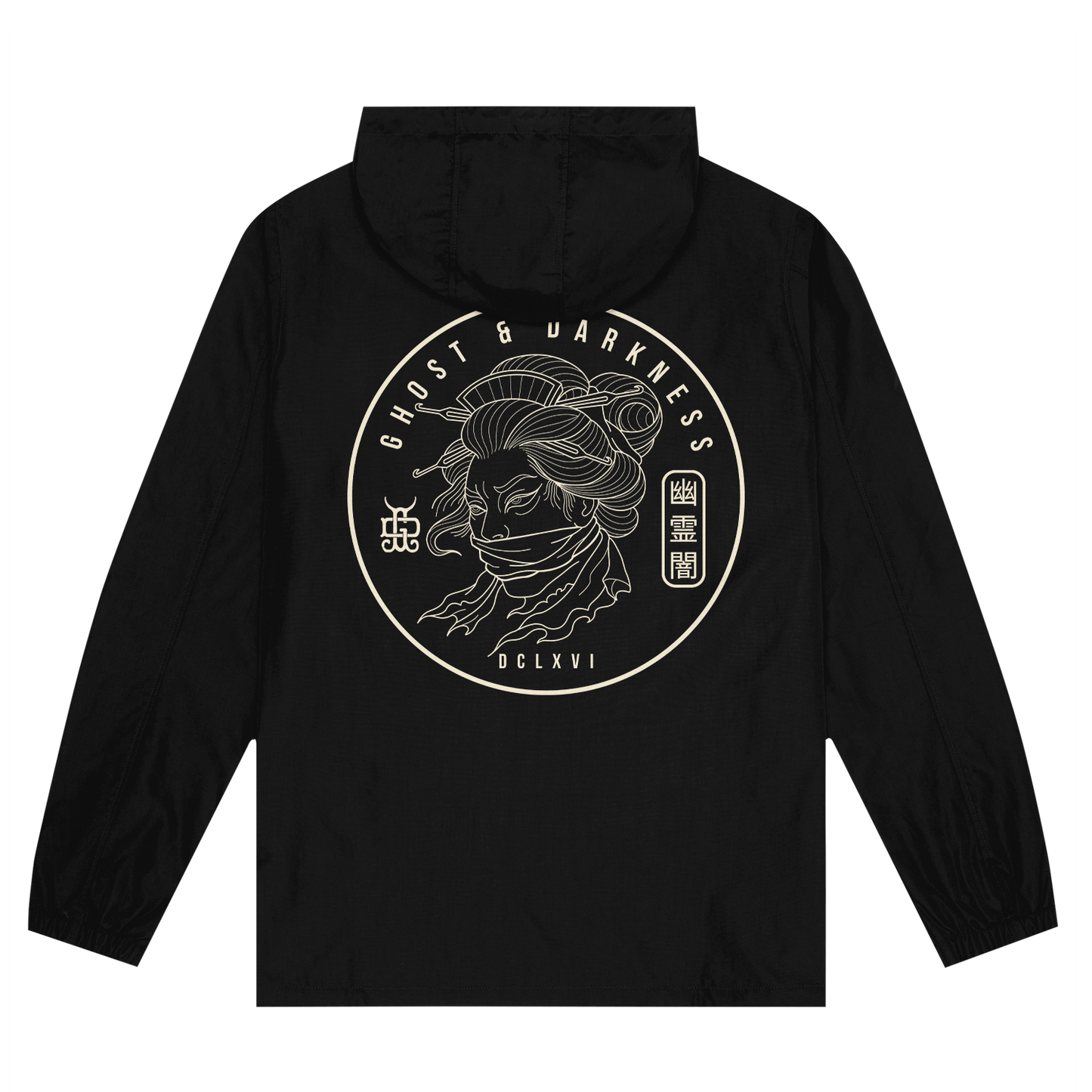 Black jacket with a graphic tattoo style design on the back against a white background