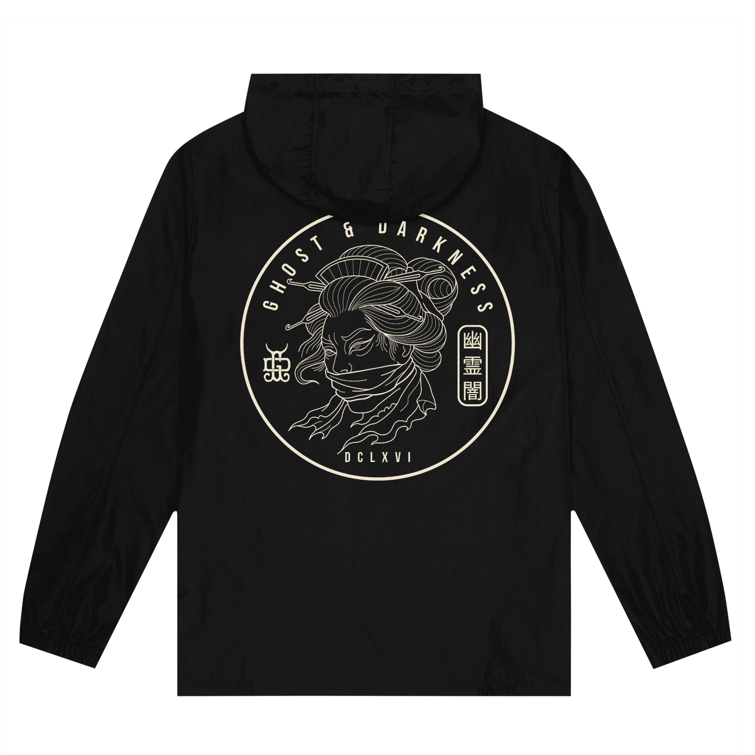 Black jacket with a graphic tattoo style design on the back against a white background