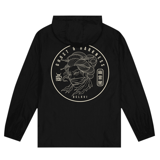 Black jacket with a graphic tattoo style design on the back against a white background