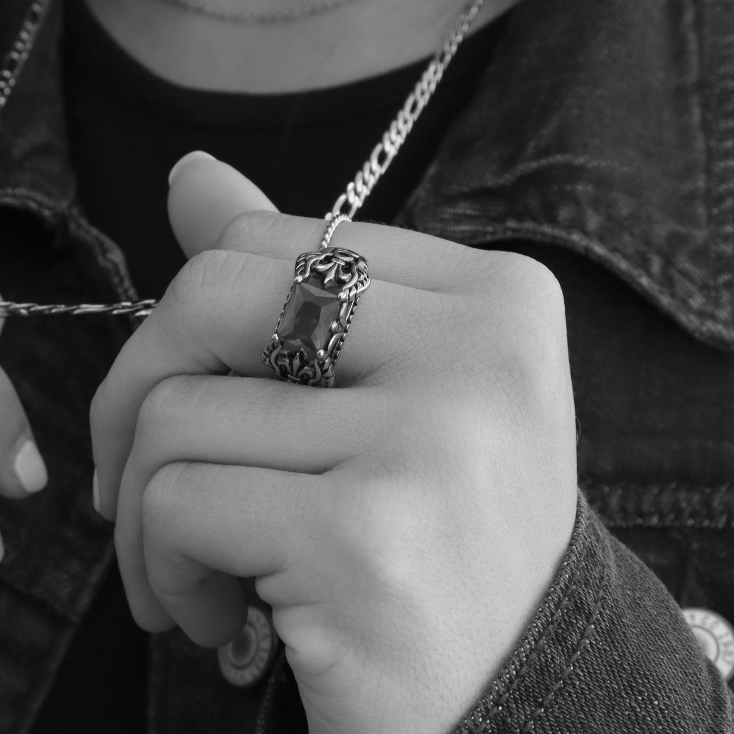 Stainless Steel Red CZ Center Fleur De Lis Ring