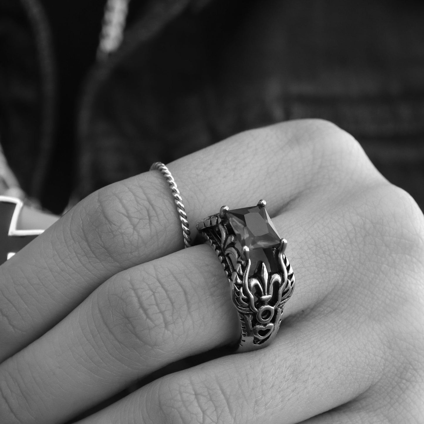 Stainless Steel Red CZ Center Fleur De Lis Ring
