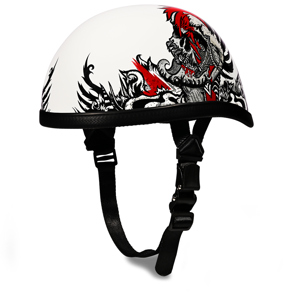 White novelty Helmet with a red and black skull and tribal design on a white background