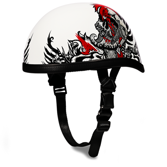 White novelty Helmet with a red and black skull and tribal design on a white background