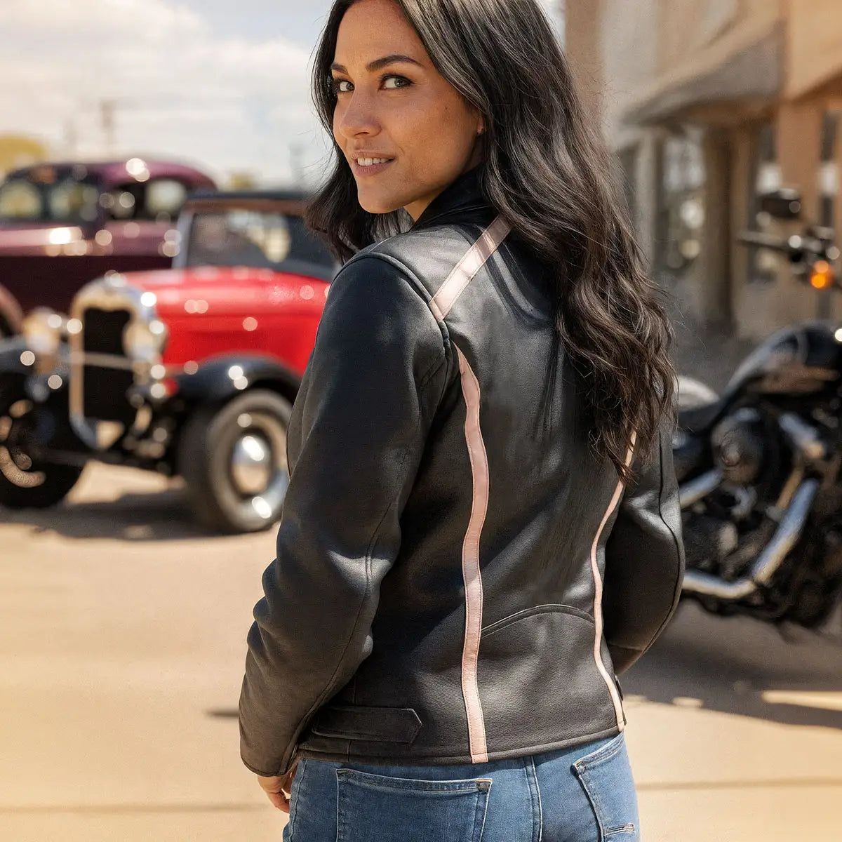 Hot Leathers JKL1022 Pink Striped Motorcycle Leather Biker Jacket with Reflective Piping